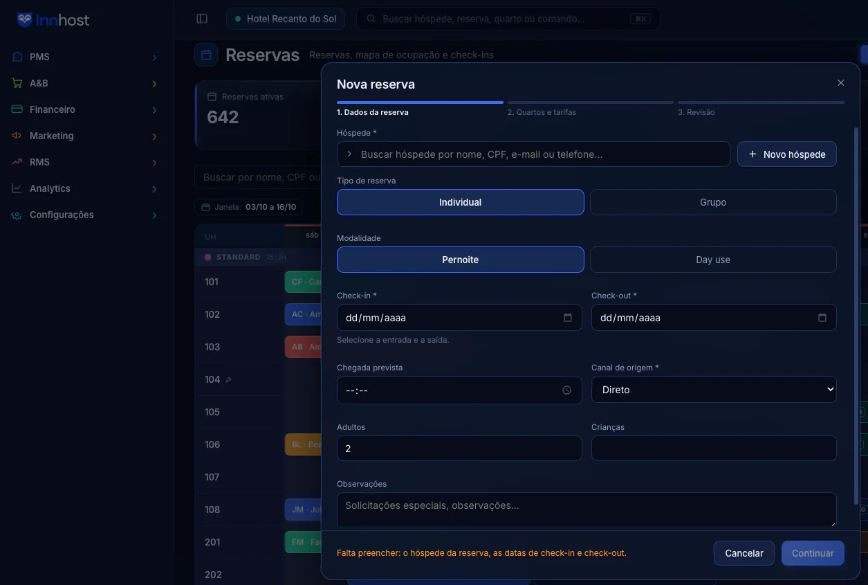 PMS para hotel e pousada Innhost: nova reserva e check-in